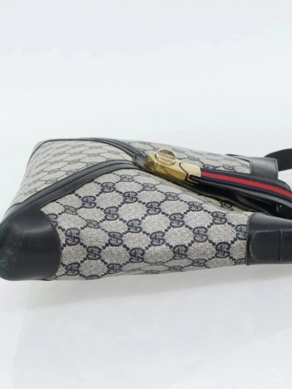 GUCCI GG Supreme Sherry Line Shoulder Bag PVC Navy Gold Auth ka4505 - Picture 3 of 16